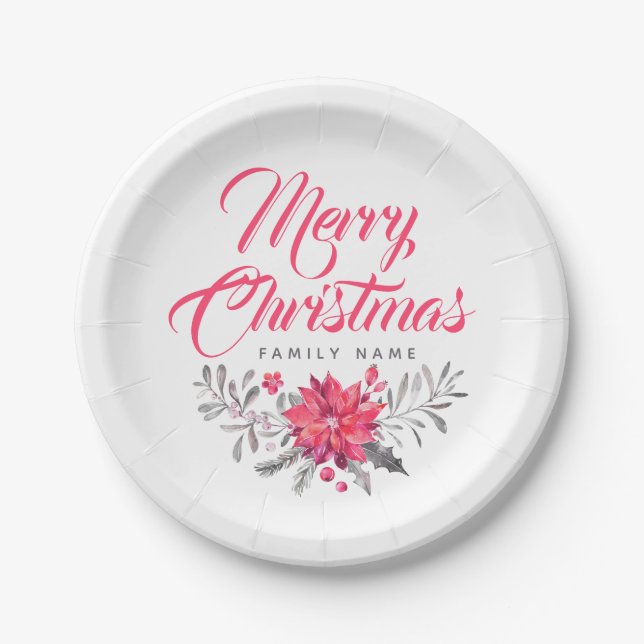 Assiettes En Carton Joyeux Noël Typographie & Bouquet floral (Devant)