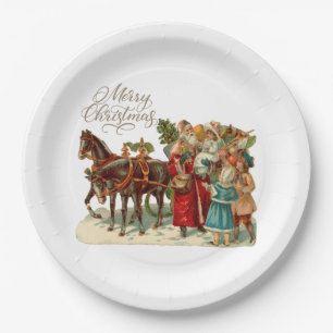 Assiettes En Carton Joyeux Noël Vintage Père Noël avec enfants