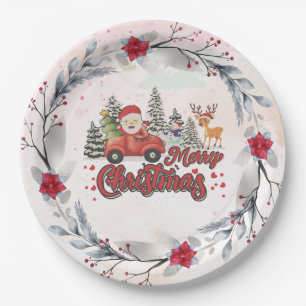Assiettes En Carton Joyeux Noël Vintage Red Père Noël Truck Cadeaux