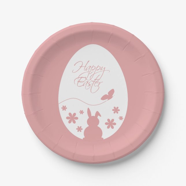 Assiettes En Carton Joyeux OEuf de Pâques rose pastel moderne (Devant)