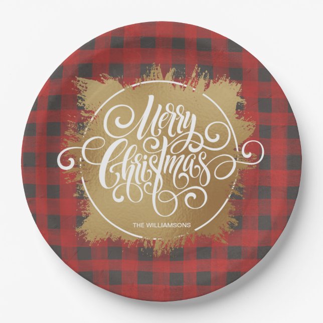 Assiettes En Carton Joyeux or Buffle de Noël Plaid (Devant)
