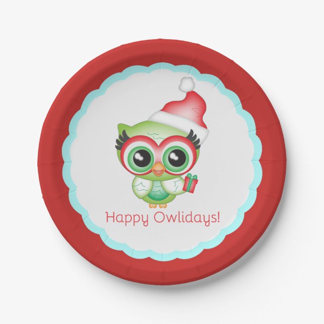 Assiettes En Carton Joyeux Owlidays Noël Santa Hat Holiday Owl (Devant)