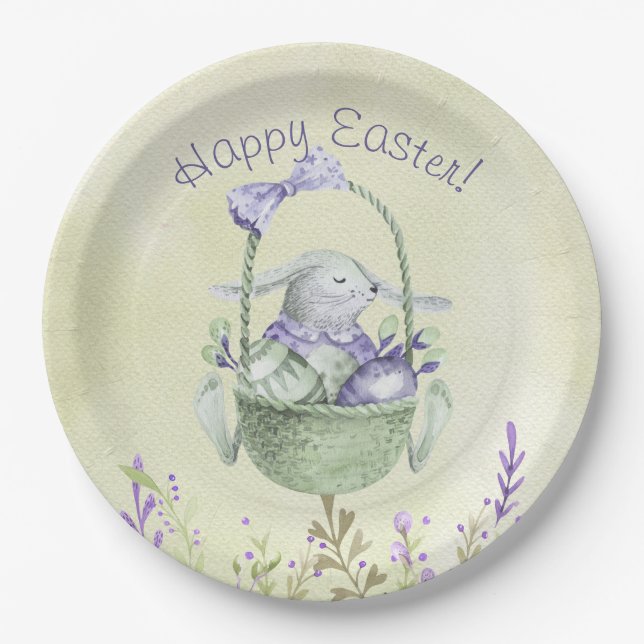 Assiettes En Carton Joyeux Pâques ! Lavande d'aquarelle et vert menthe (Devant)