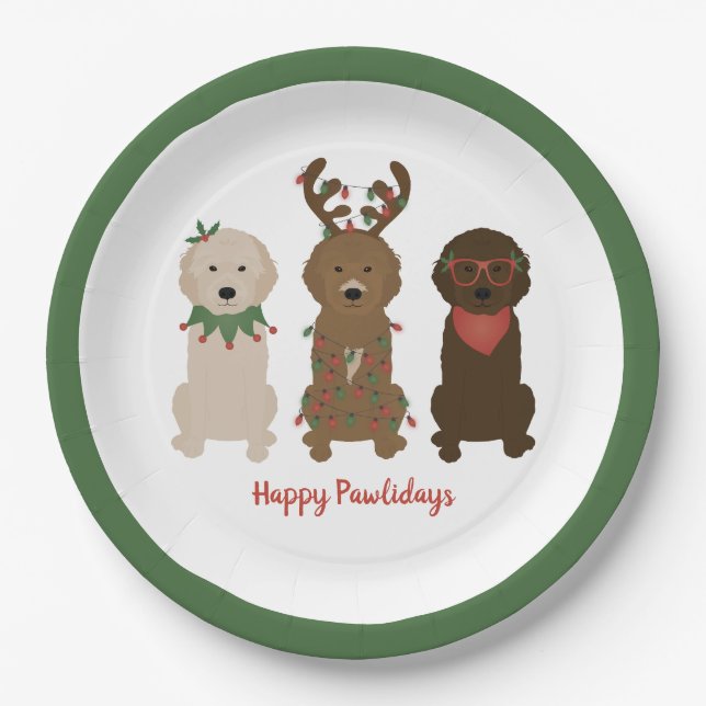 Assiettes En Carton Joyeux Pawlidays Goldendoodle lumières de Noël (Devant)