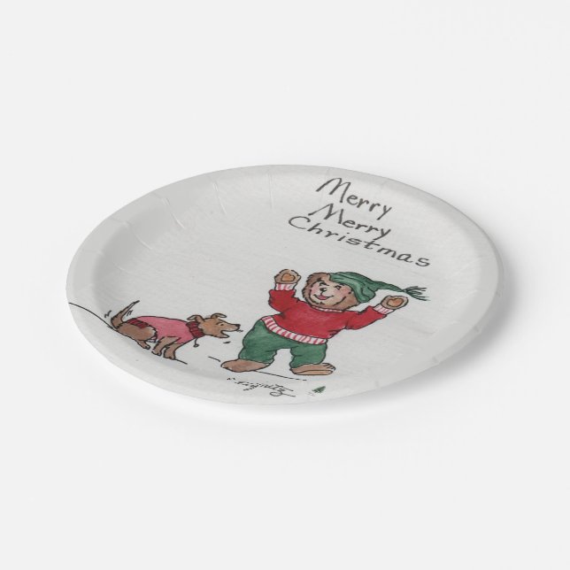 Assiettes En Carton Joyeux petit ours de Noël Profitez de la neige (Angle)