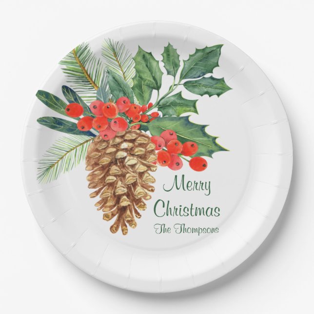 Assiettes En Carton Joyeux pin de Noël Holly Aquarelle Nom floral (Devant)