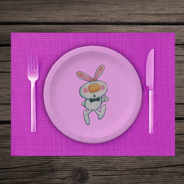 Assiettes En Carton Joyeux pouce blanc pouces vers le haut Inscription (Happy white bunny thumbs up sign orange nose pink cheeks and ears on pin paper party plates.)