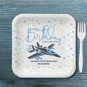 Assiettes En Carton Joyeux premier anniversaire Jet Fighter Avion Bleu