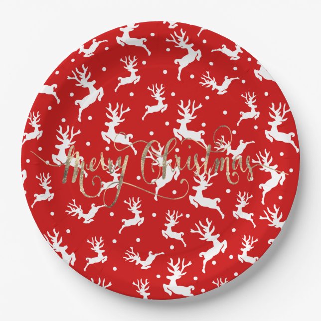 Assiettes En Carton Joyeux rennes de Noël Rouge (Devant)