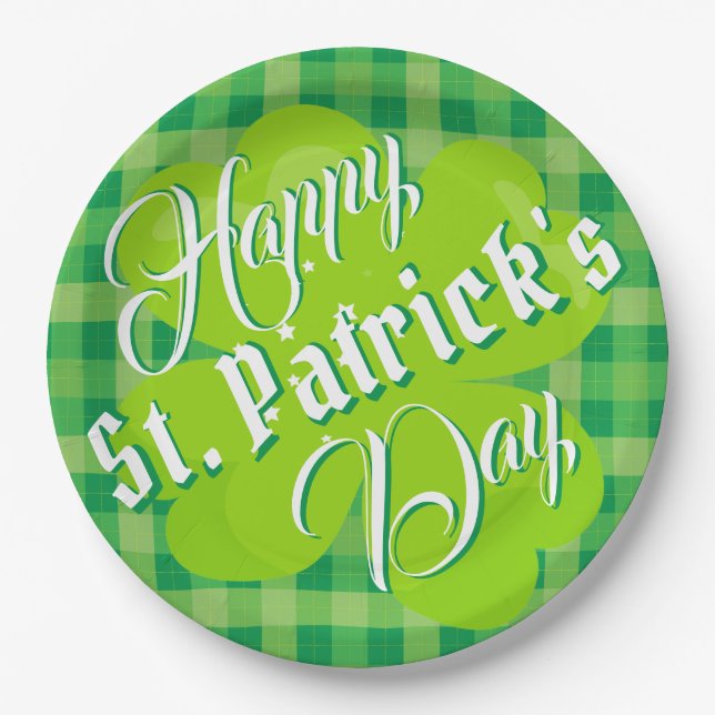 Assiettes En Carton Joyeux Saint Patrick's Day Tartan vert Lucky Clove (Devant)