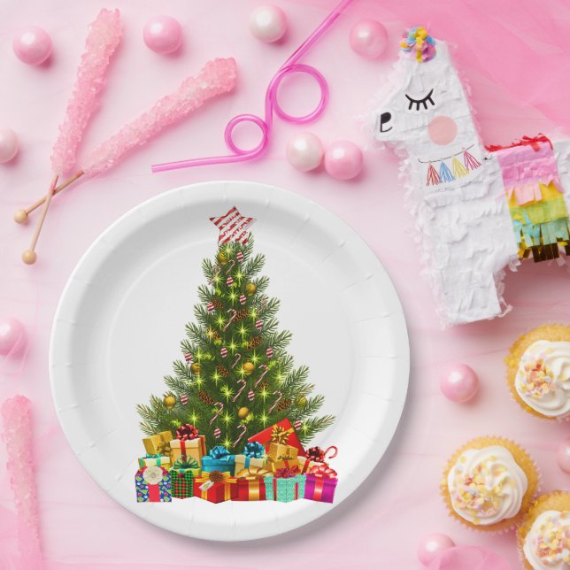 Assiettes En Carton Joyeux sapin de Noël avec Star Presents (Fête)