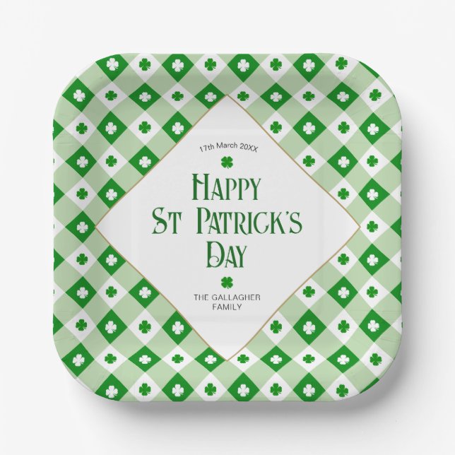 Assiettes En Carton Joyeux St Patrick's Orange Green Clover Plaid Nom (Recto)
