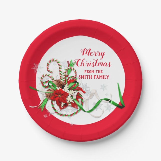 Assiettes En Carton Joyeux Sucre de canne de Noël Poinsettia (Devant)