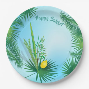 Assiettes En Carton Joyeux Sukkot Lulav et Motif d'aquarelle Etrog