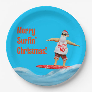 Assiettes En Carton Joyeux Surfin' Christmas Père Noël sur Surfboard T