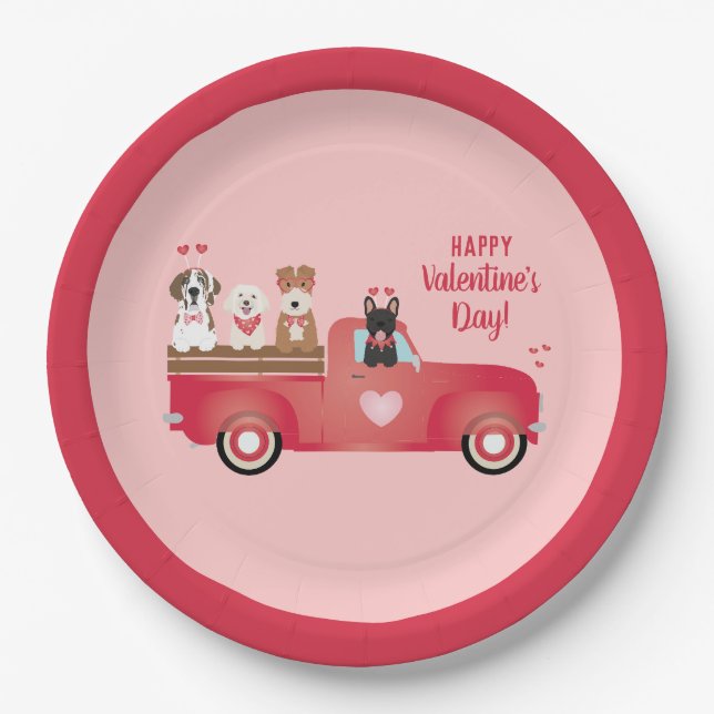 Assiettes En Carton Joyeux Valentines Jour Pickup Camion Aimer Chiens (Devant)