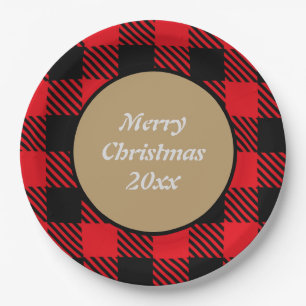 Assiettes En Carton Joyeux Xmas Custom Buffalo plaid motif noir rouge