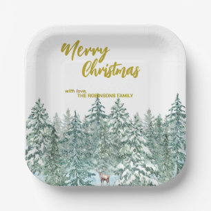 Assiettes En Carton Joyeux xmas forêt moderne Gold script Holiday