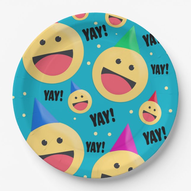 Assiettes En Carton Joyeux YAY Emojis dans les fêtes des Casquettes (Devant)