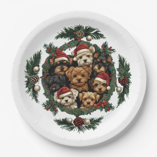 Assiettes En Carton Joyeux Yorkshire Terrier Chiens de Noël (Devant)