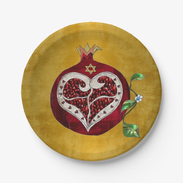 Assiettes En Carton Judaica Pomegranate Heart Hanoukka Rosh Hashanah (Devant)