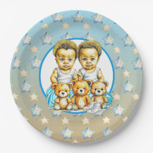 Assiettes En Carton Jumeaux de couleur Bébé Garçons Baby shower Traite