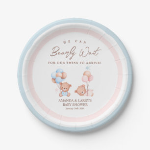 Assiettes En Carton Jumeaux Fille Garçon Ours en Peluche Baby Shower