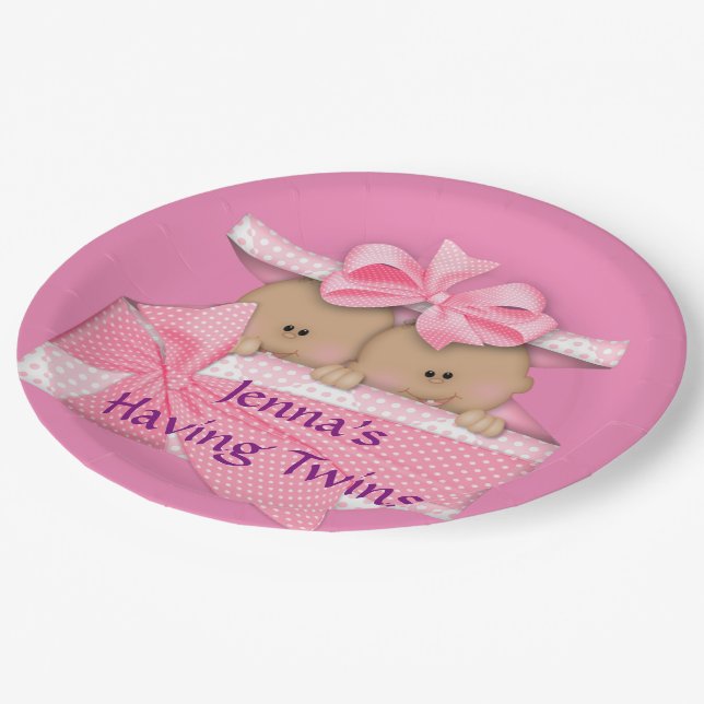 Assiettes En Carton Jumeaux roses Parti Baby shower afro-américain (Angle)