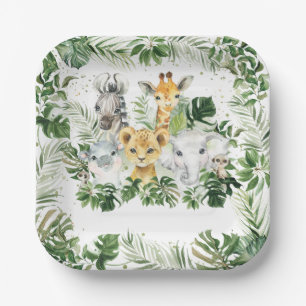 Assiettes En Carton Jungle Animal Safari Vert Baby shower Neutre
