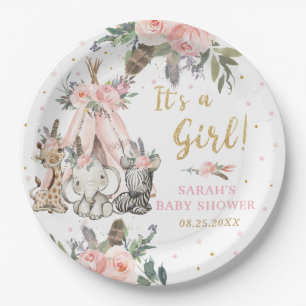 Assiettes En Carton Jungle Animaux Boho Tribal Girl Baby shower rond