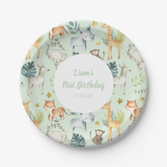 Assiettes En Carton JUngle animaux ment sexe neutre 1er anniversaire (Devant)