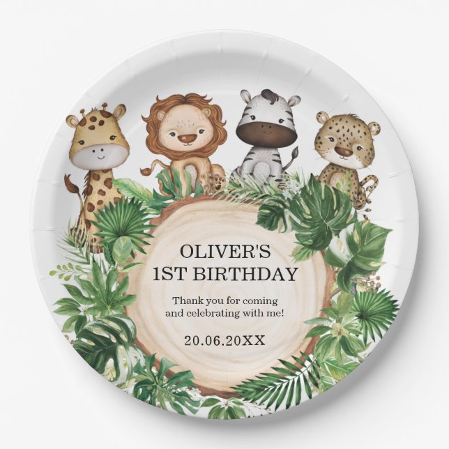Assiettes En Carton Jungle Animaux Sauvage Safari Verdure Anniversaire (Devant)
