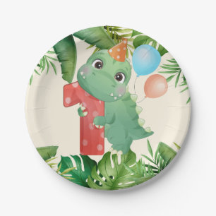 Assiettes En Carton Jungle Dinosaur Palm Feuilles 1er anniversaire