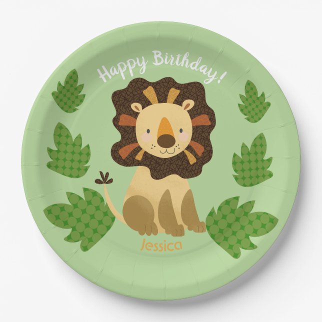 Assiettes En Carton Jungle Lion Nom personnalisé Fête d'anniversaire (Devant)
