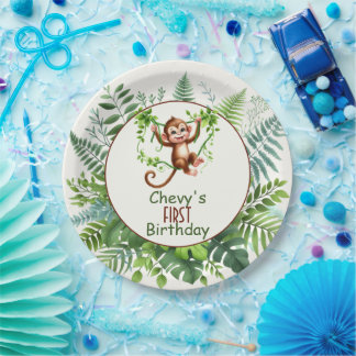 Assiettes En Carton Jungle Monkey Hanging On Branch First Birthday 