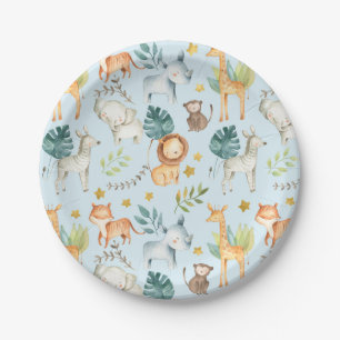 Assiettes En Carton Jungle safari animaux bleu bébé fête d'anniversair