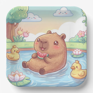 Assiettes En Carton Kawaii capy in a pond