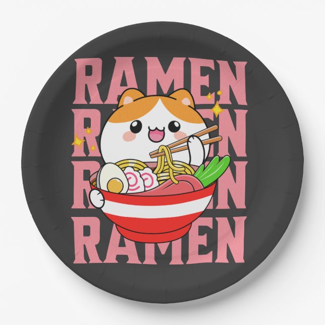 Assiettes En Carton Kawaii Chat manger Ramen (Devant)