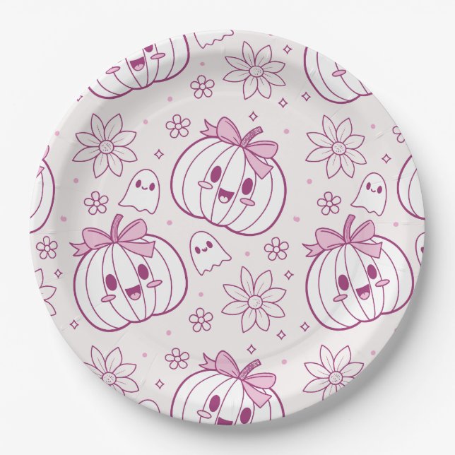 Assiettes En Carton Kawaii Citrouilles, Fantômes & Fleurs (Devant)