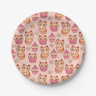 Assiettes En Carton Kawaii Cute Cats and Cupcakes Motif rose