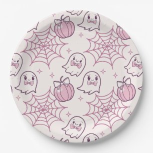 Assiettes En Carton Kawaii Halloween rose Fantômes et Citrouille
