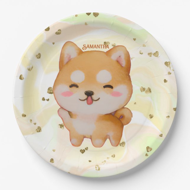 Assiettes En Carton Kawaii Smiling Cartoon Style Shiba Inu (Devant)