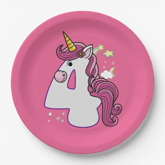 Assiettes En Carton Kawaii Unicorn 4e cadeau de tenue d'anniversaire T (Devant)