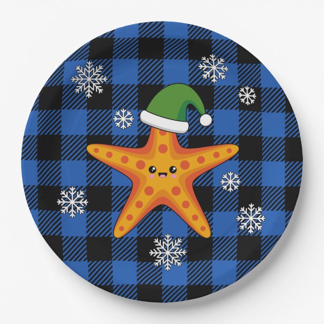 Assiettes En Carton Kawaii Xmas Starfish sur Blue Buffalo Motif (Devant)