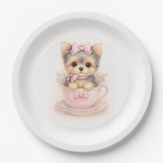 Assiettes En Carton Kawaii Yorkie Teacup Birthday Paper Plate (Devant)