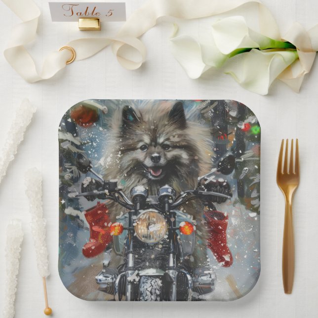 Assiettes En Carton Keeshond chien équitation moto Noël (Mariage)