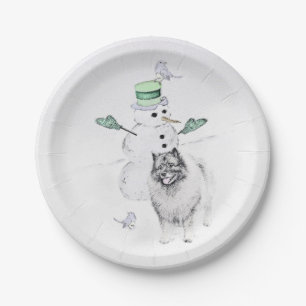 Assiettes En Carton Keeshond Noël Snowman Peinture Chien Art