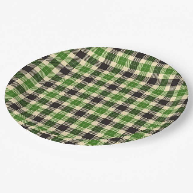 Assiettes En Carton Kelly Plaques de papier tartan vert et noir (Angle)