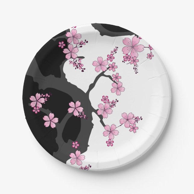 Assiettes En Carton Kimono japonais Sakura noir et blanc (Devant)