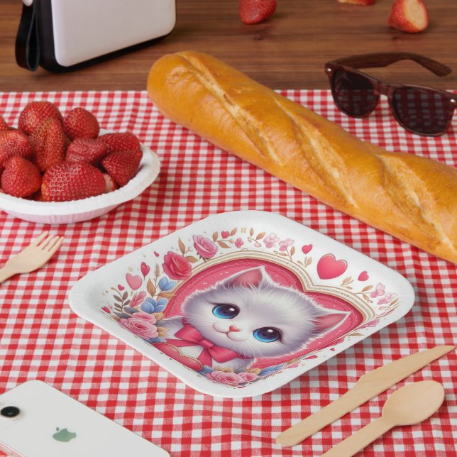 Assiettes En Carton Kitten avec Bow rouge avec Coeurs floraux romantiq (Pique-nique)